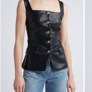 NWT Pixie Market Black Faux Leather Vest with Gold Buttons